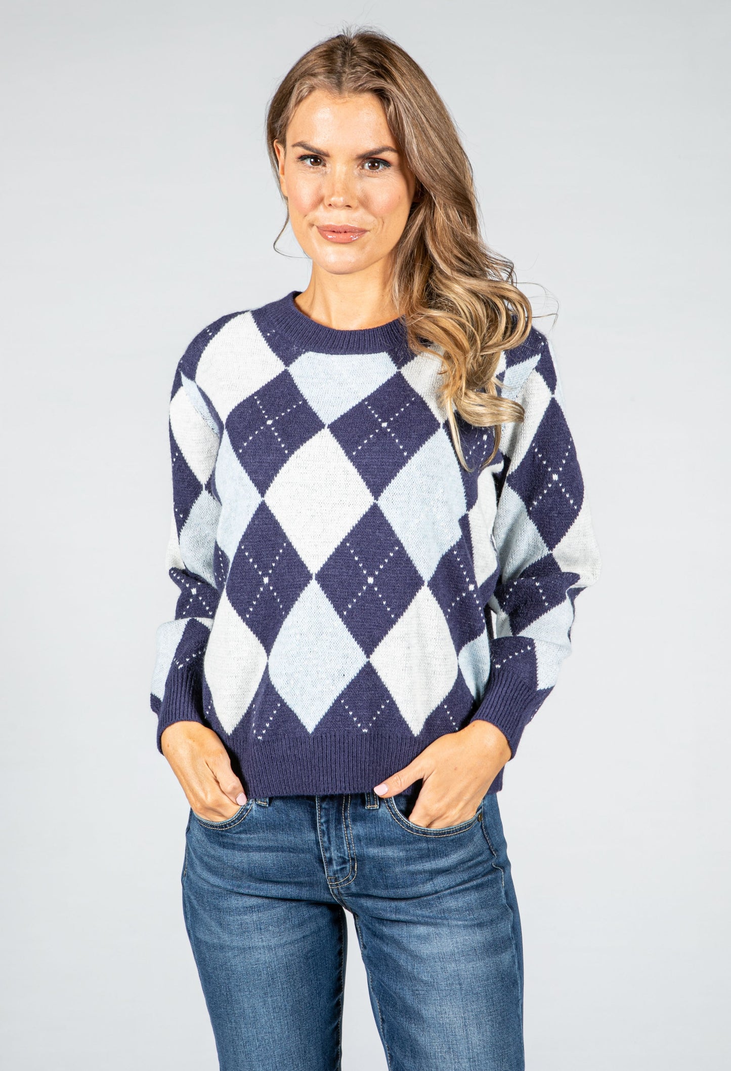 Argyle Knit Jumper in Navy & Powder Blue