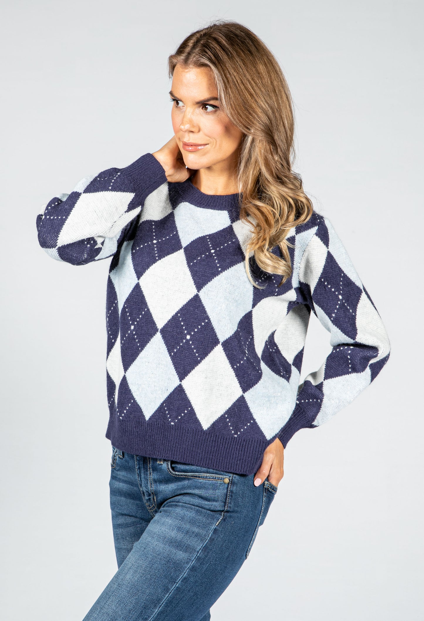 Argyle Knit Jumper in Navy & Powder Blue