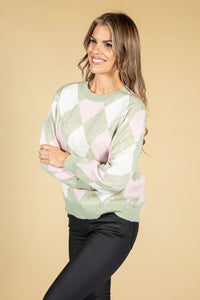 Argyle Knit Jumper in Sage & Powder Pink