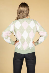 Argyle Knit Jumper in Sage & Powder Pink