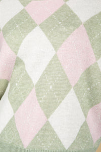 Argyle Knit Jumper in Sage & Powder Pink