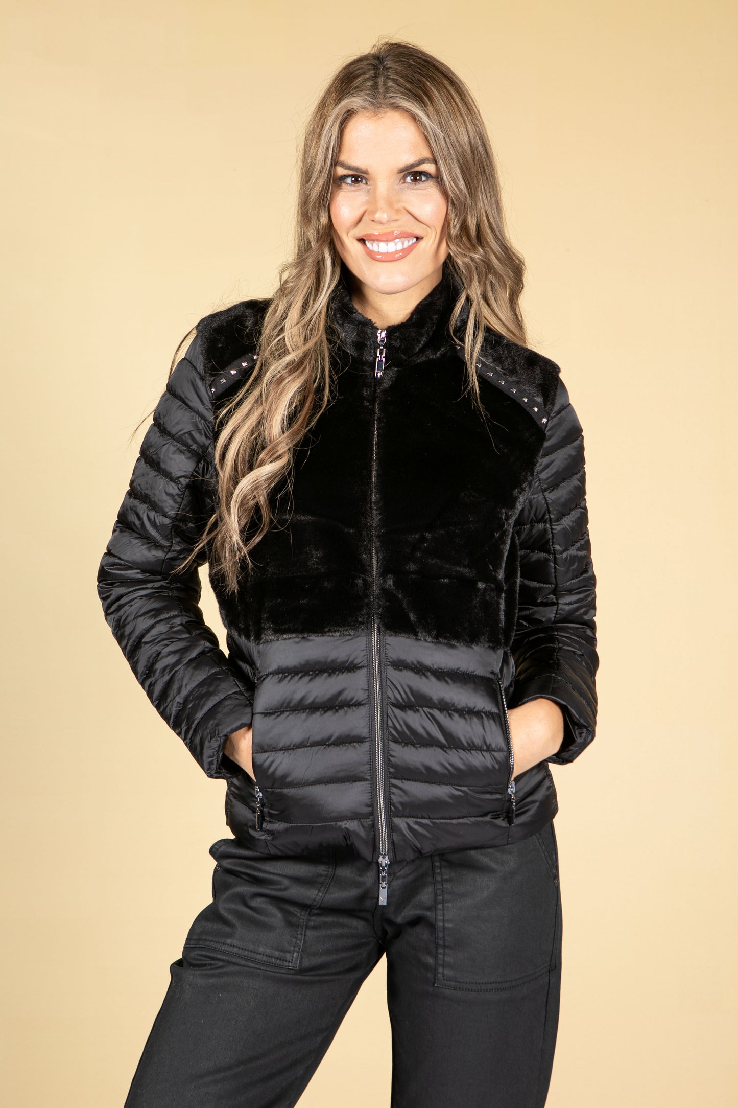 Faux Fur Quilted Jacket in Black