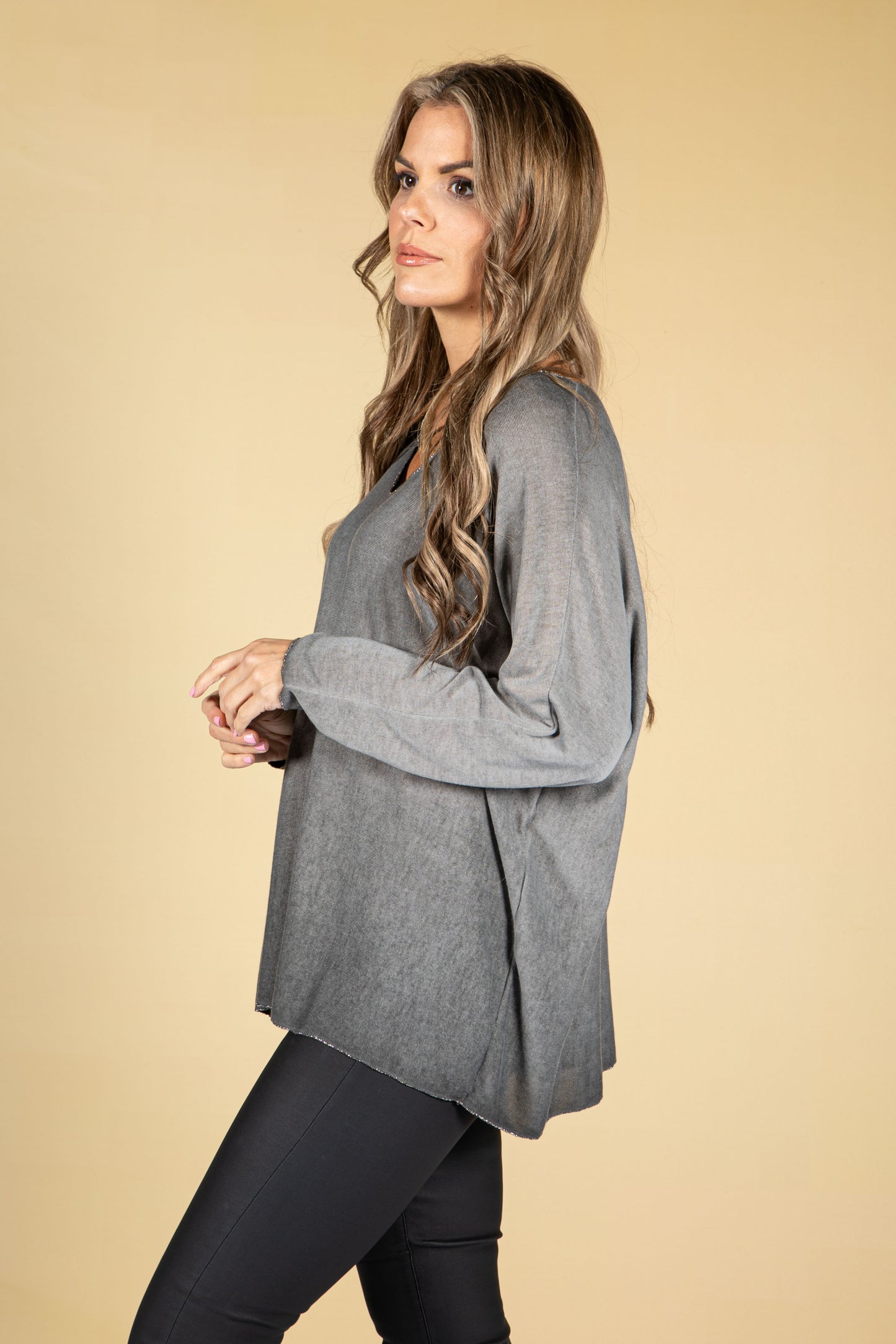 Soft V-Neck Long Sleeve Knit Top in Grey