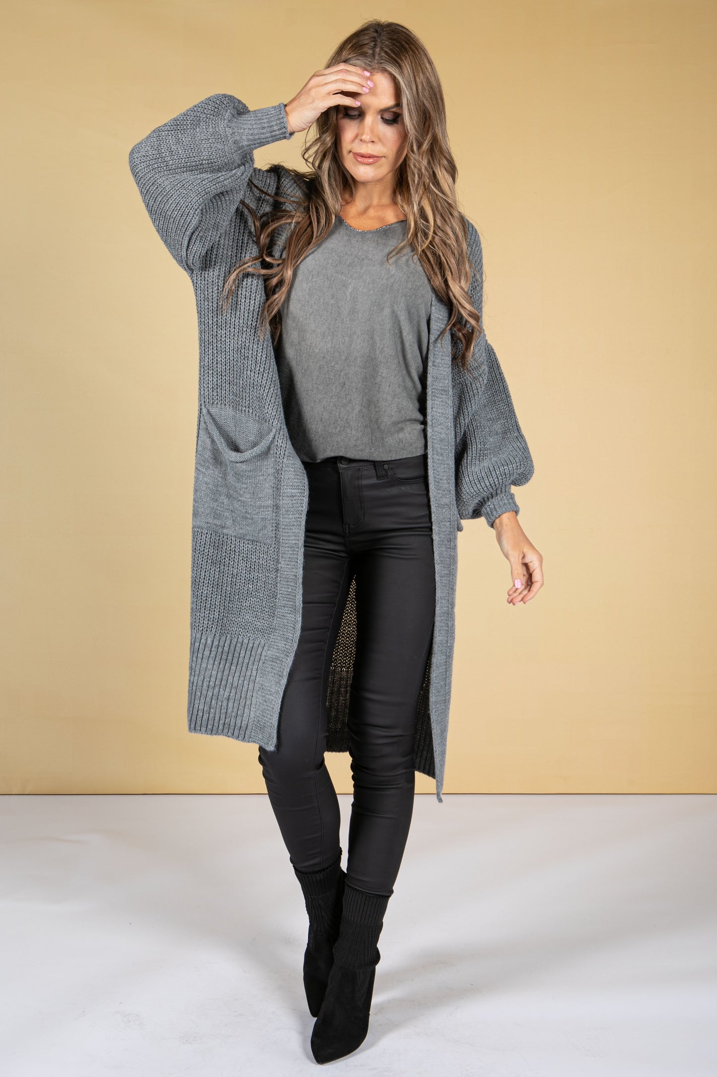 Soft V-Neck Long Sleeve Knit Top in Grey