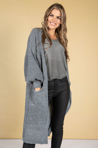 Cosy Chunky Knit Longline Cardigan in Cool Grey