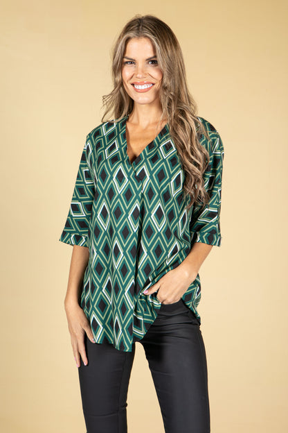 Diamond Print V-Neck Blouse in Forest Green