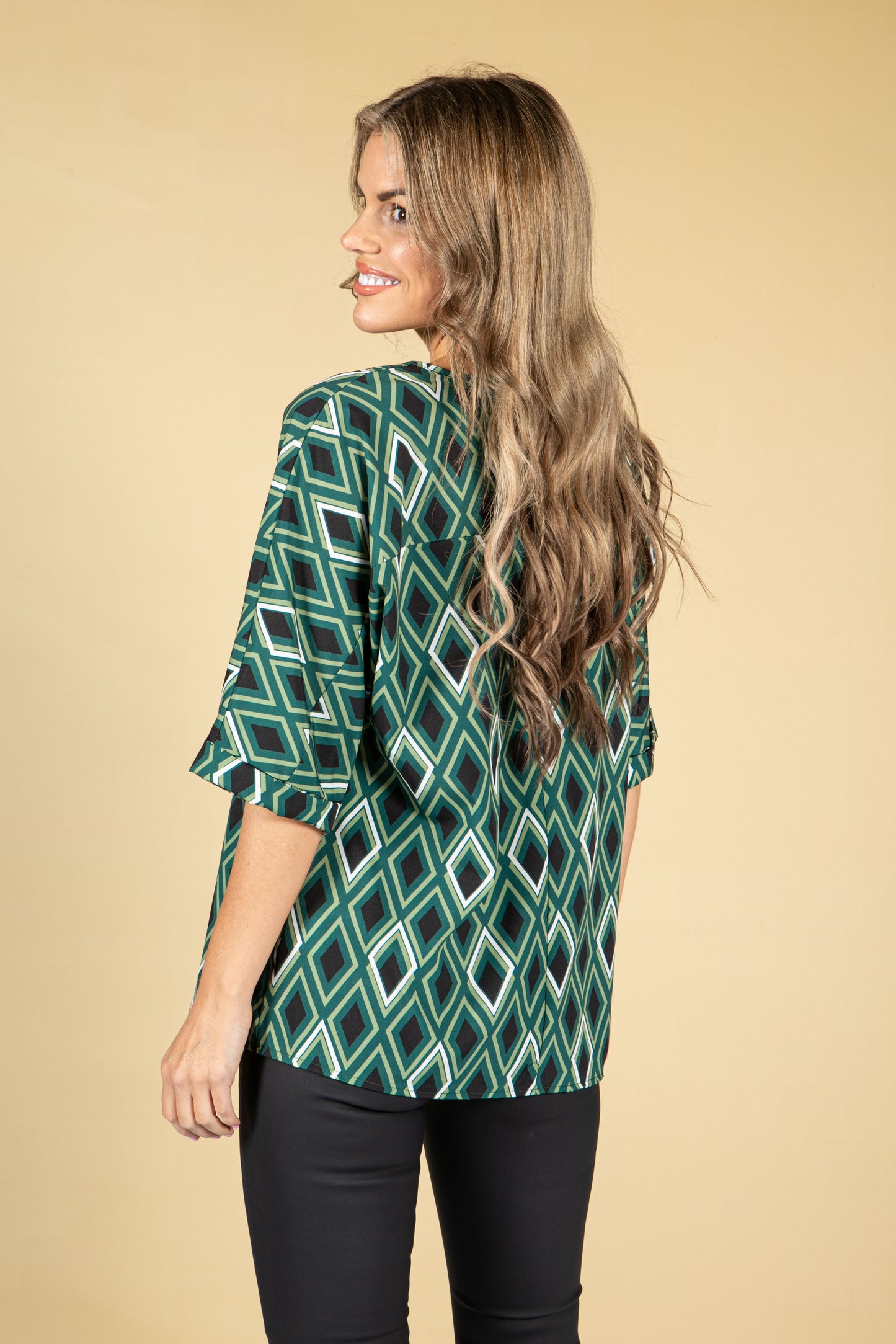 Diamond Print V-Neck Blouse in Forest Green