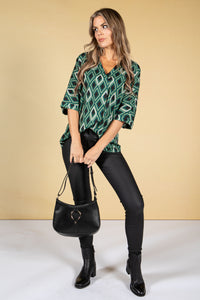 Diamond Print V-Neck Blouse in Forest Green