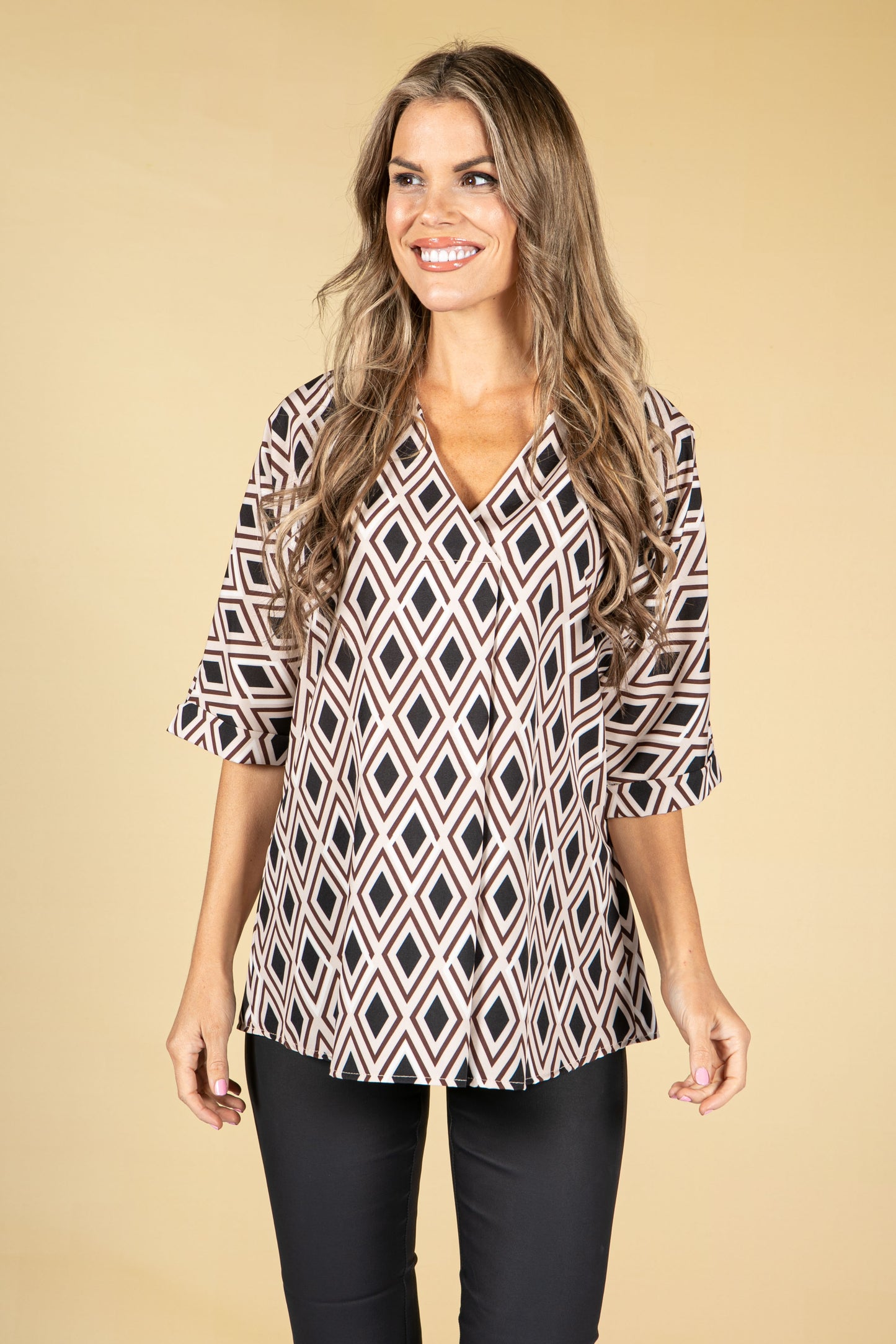 Diamond Print V-Neck Blouse in Sand