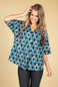 Diamond Print V-Neck Blouse in Teal