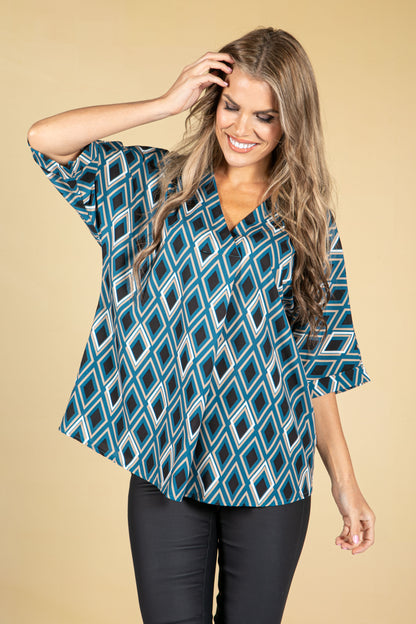 Diamond Print V-Neck Blouse in Teal