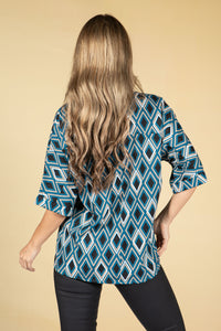 Diamond Print V-Neck Blouse in Teal