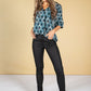 Diamond Print V-Neck Blouse in Teal