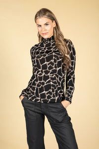 Smocking Mock Neck Printed Long Sleeve Top in Black