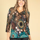 Abstract Circle Print Lace Detail V-Neck Top