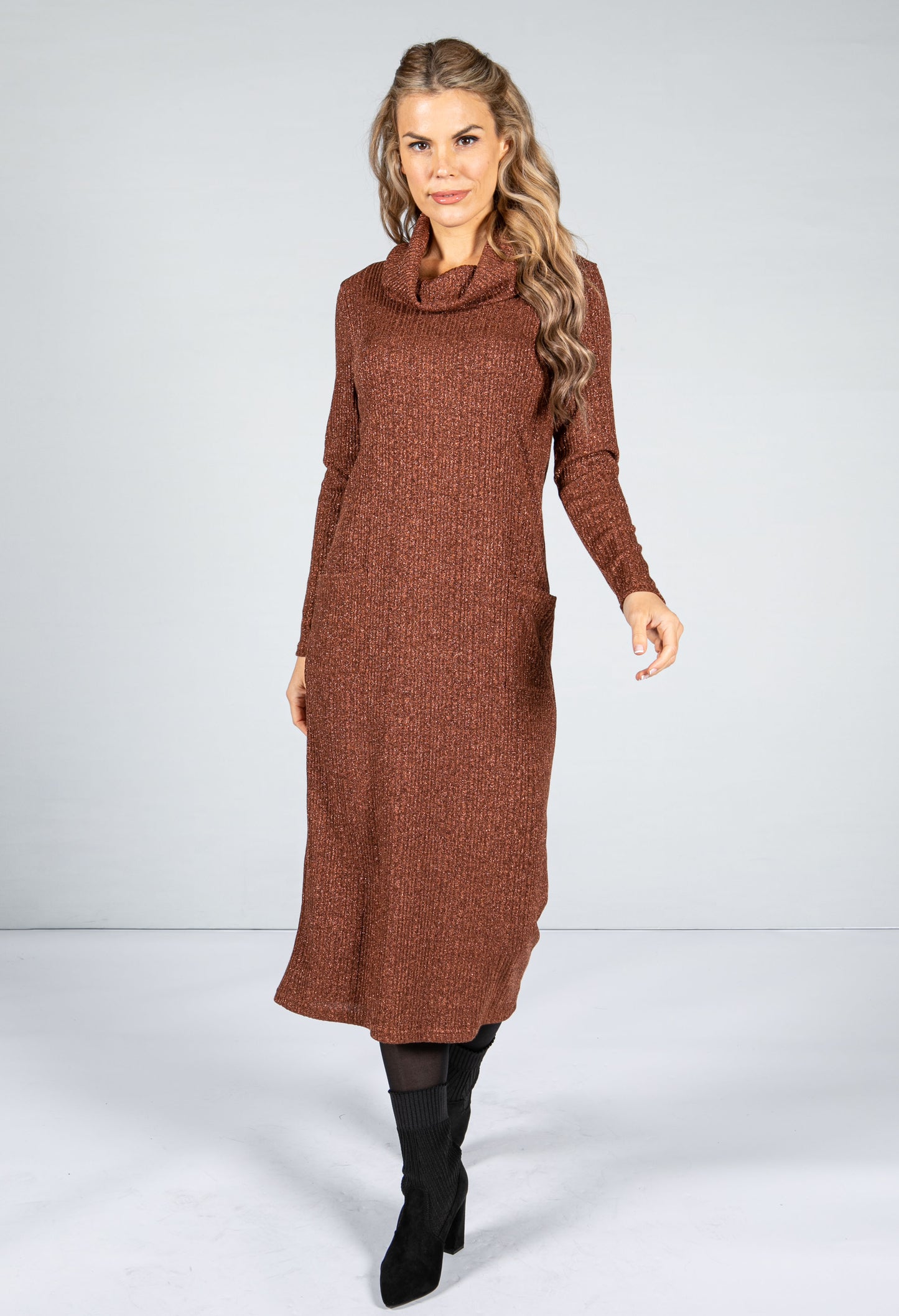 Lurex Knit Midi Dress in Bronze