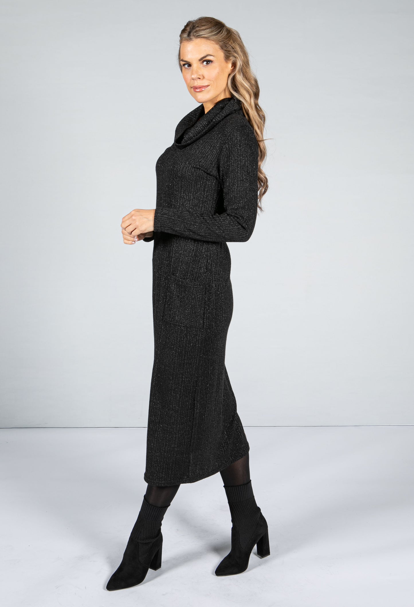 Lurex Knit Midi Dress in Black