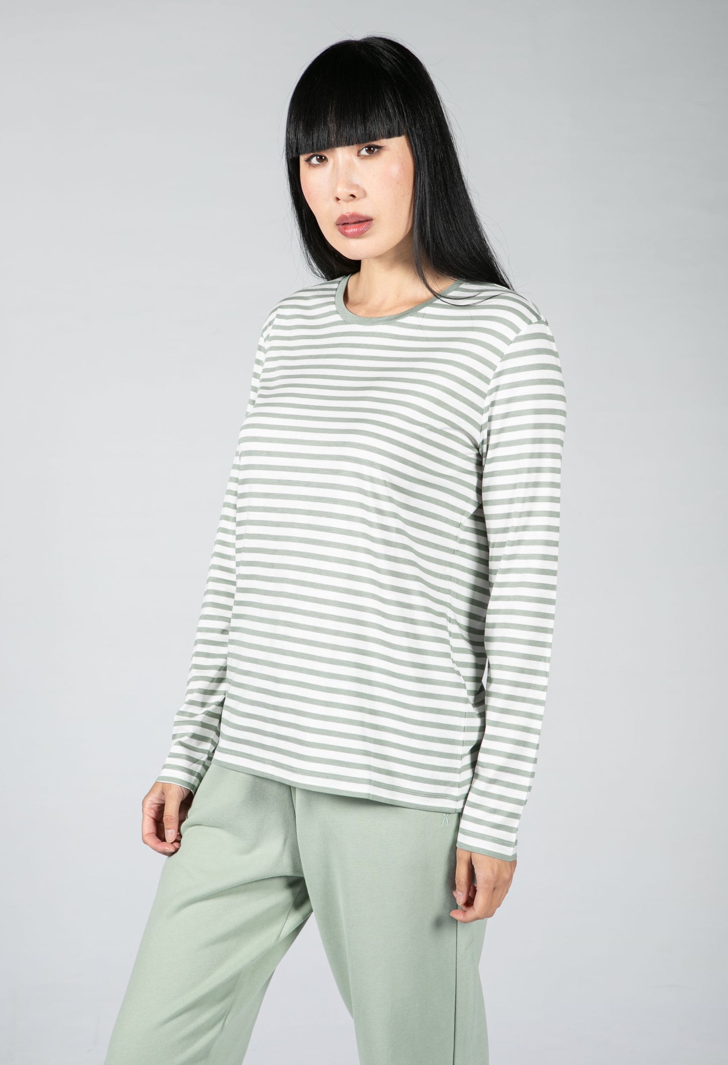 STRIPES Long Sleeve Top in Sage Green & Oatmilk