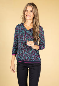 Fan Print Top with Tie Neckline