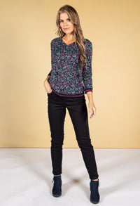 Fan Print Top with Tie Neckline