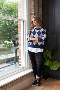 Argyle Knit Jumper in Navy & Powder Blue