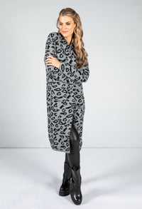 Leopard Design Long Cardi in Mid Grey