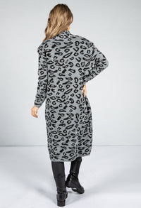 Leopard Design Long Cardi in Mid Grey