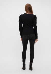 LONG PUFF SLEEVE RIBBED TOP IN BLACK