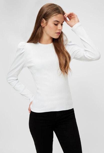 LONG PUFF SLEEVE RIBBED TOP IN WHITE