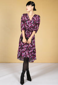 Fuchsia and Lilac Blossom Print Dress