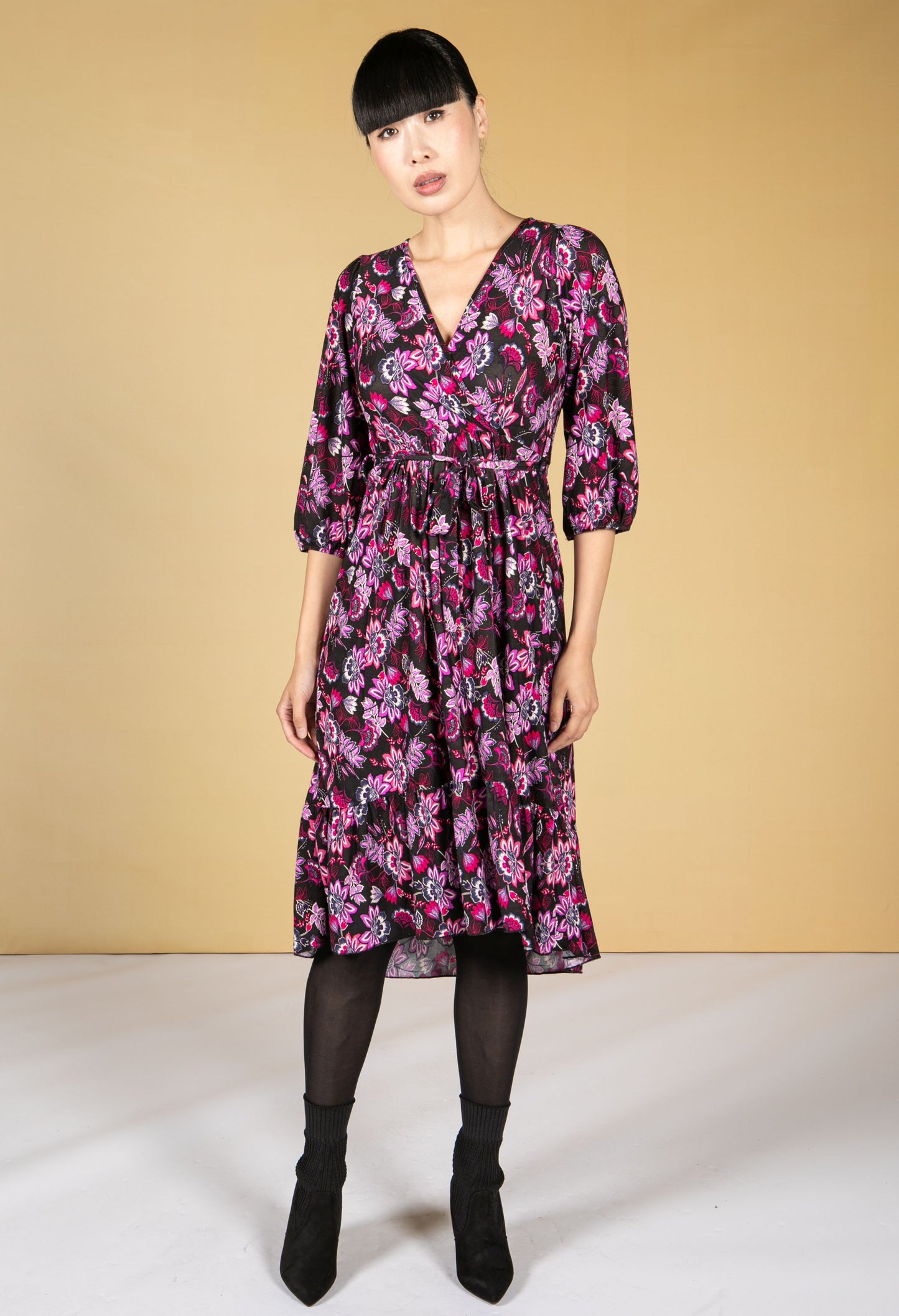 Fuchsia and Lilac Blossom Print Dress