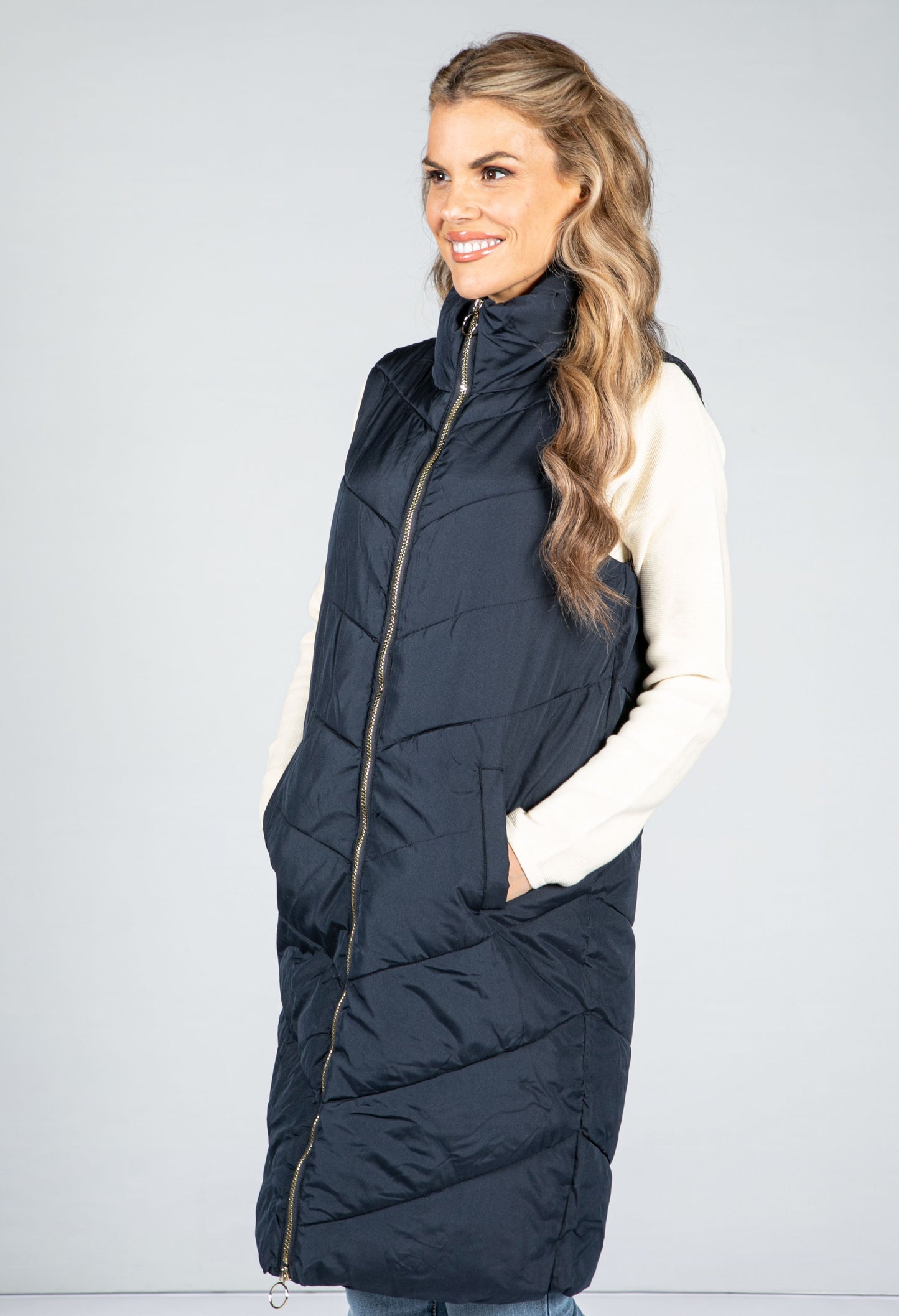 Midi Length Quilted Gilet in Midnight Navy