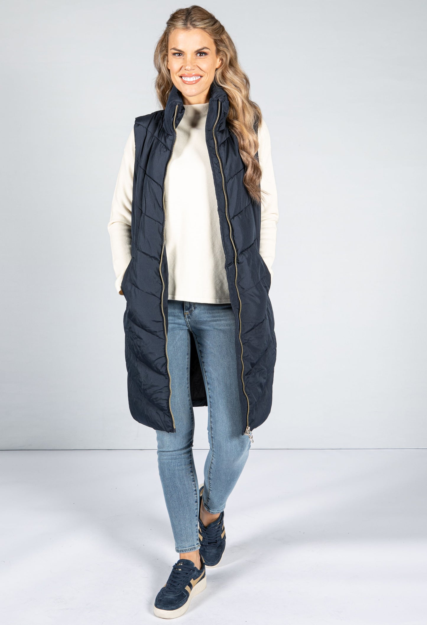 Midi Length Quilted Gilet in Midnight Navy