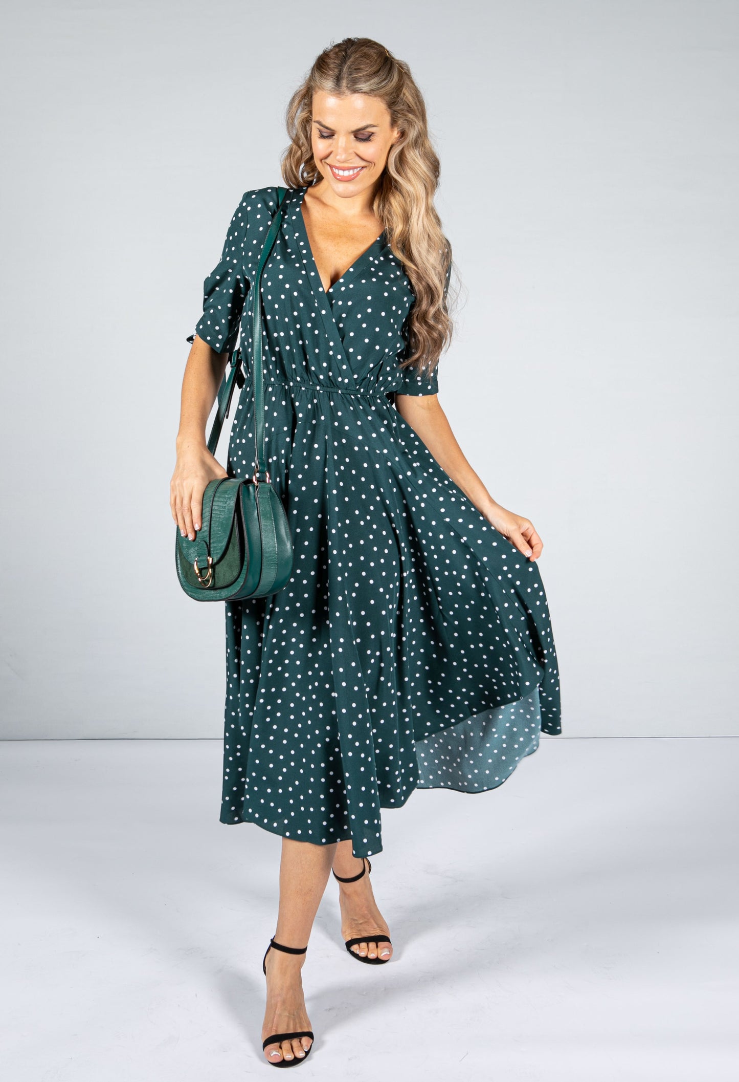 Tie Sleeve Polka Dot Midi Dress in Dark Green