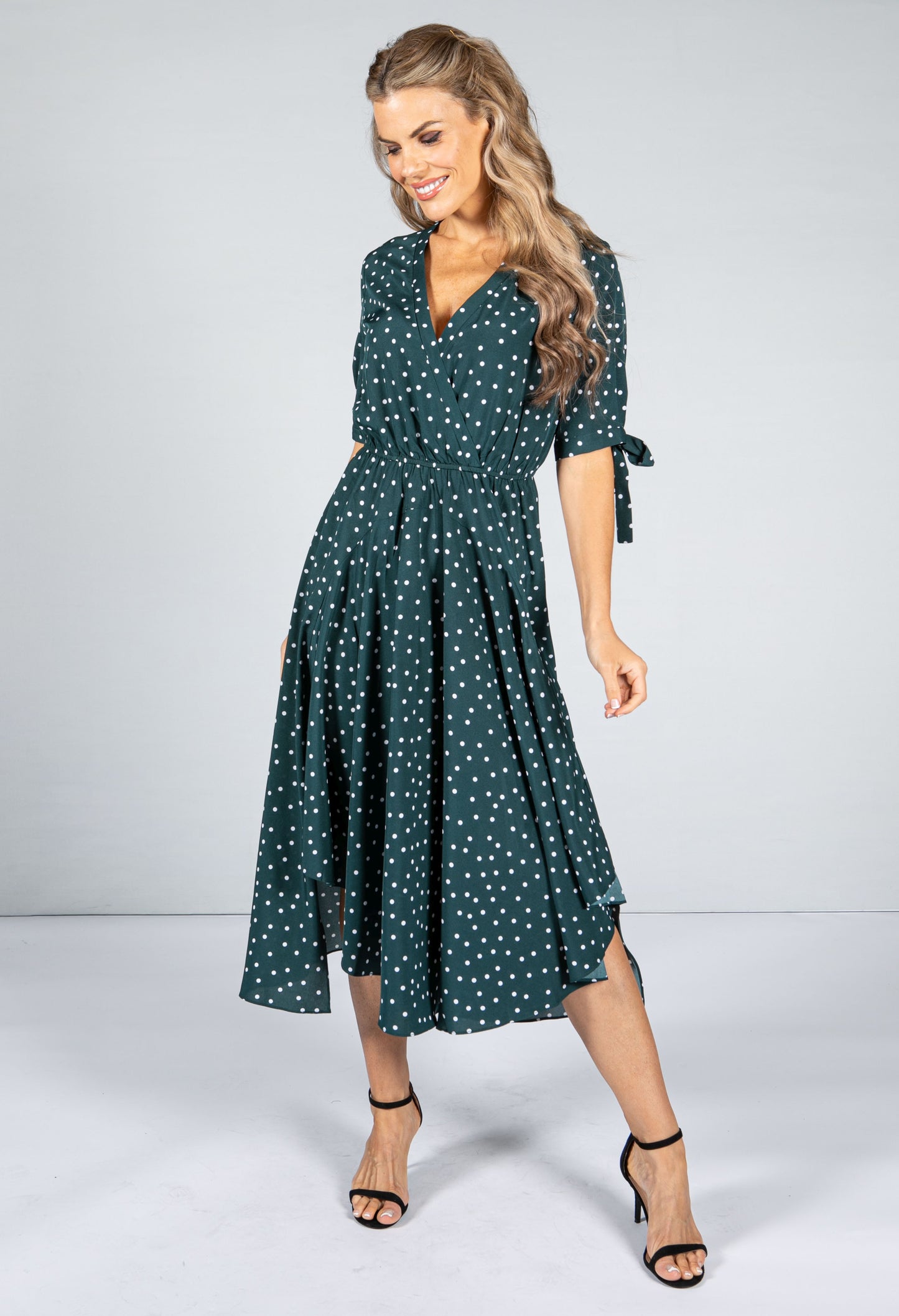 Tie Sleeve Polka Dot Midi Dress in Dark Green