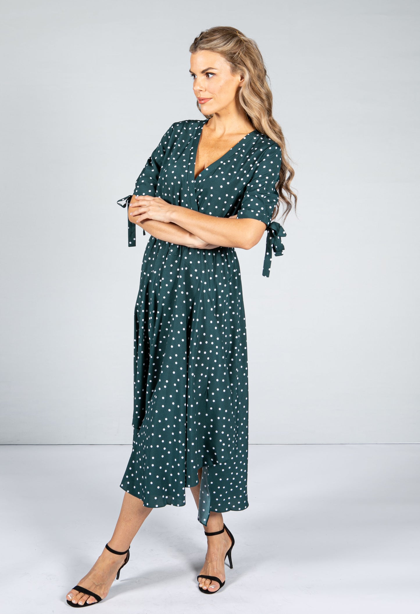 Tie Sleeve Polka Dot Midi Dress in Dark Green