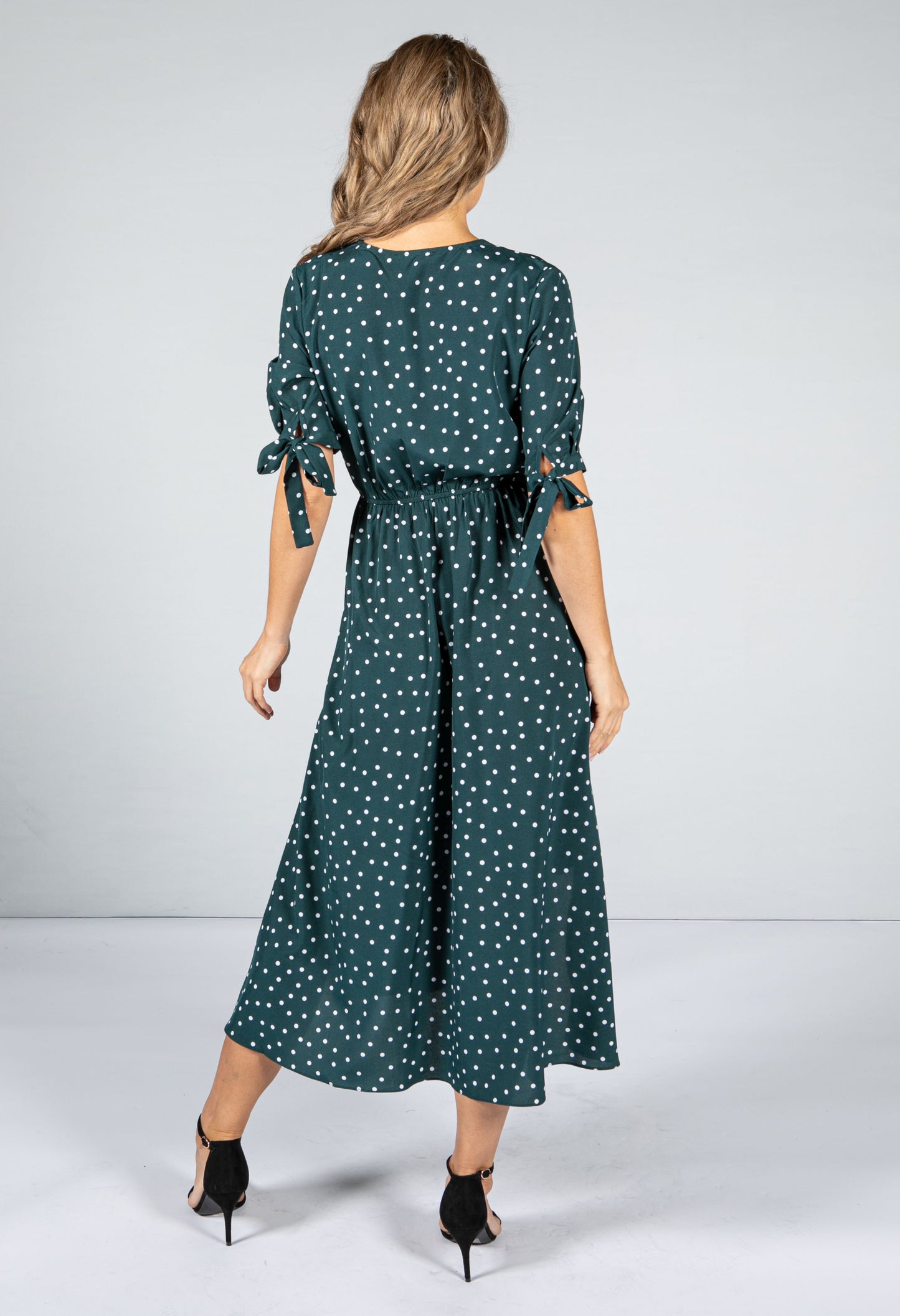 Tie Sleeve Polka Dot Midi Dress in Dark Green