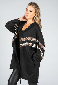 Hooded Double Stripe Open Cardigan in Black