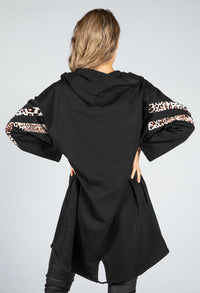 Hooded Double Stripe Open Cardigan in Black