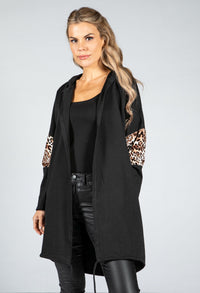 Hooded Animal Print Stripe Open Cardigan in Black