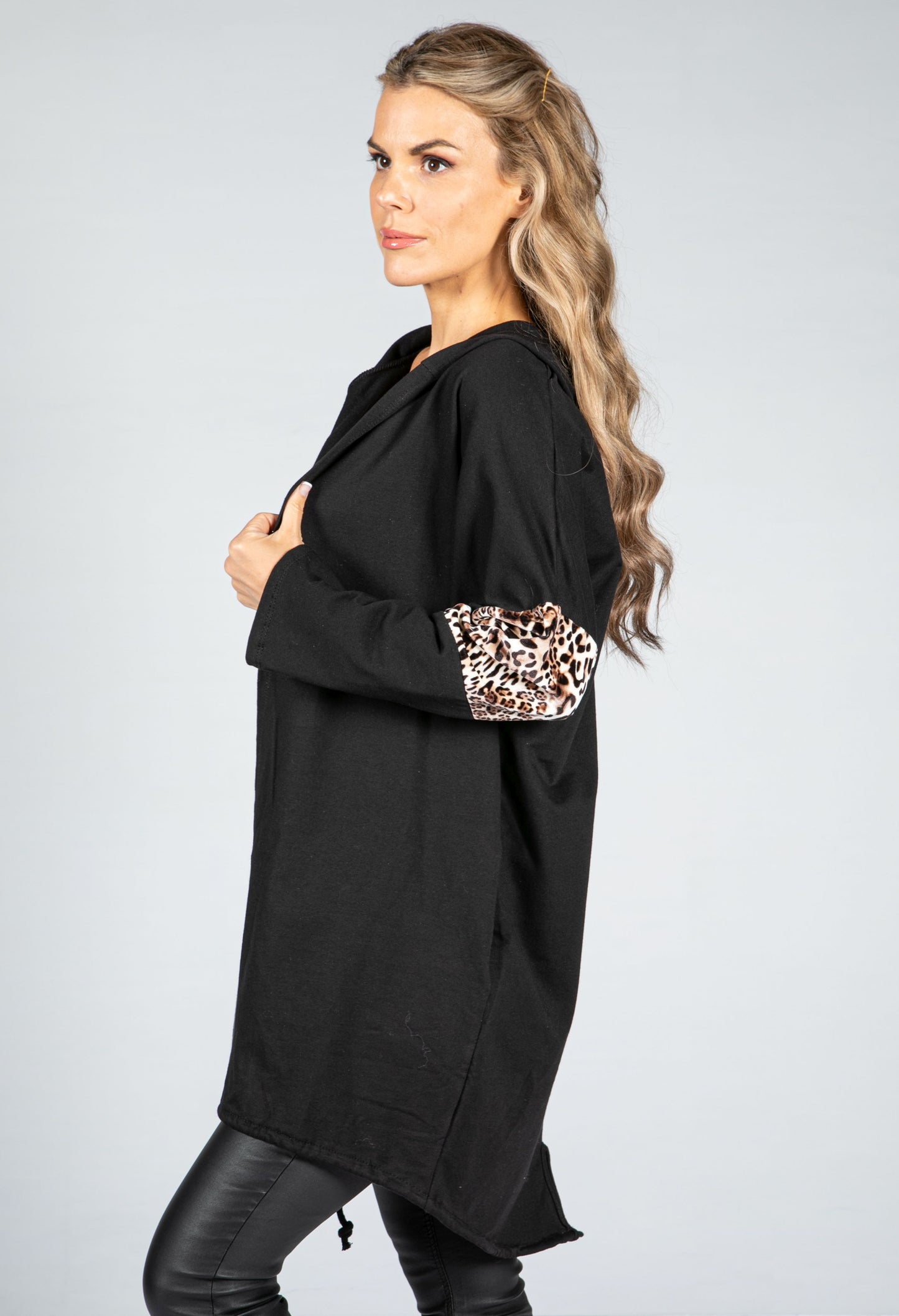 Hooded Animal Print Stripe Open Cardigan in Black