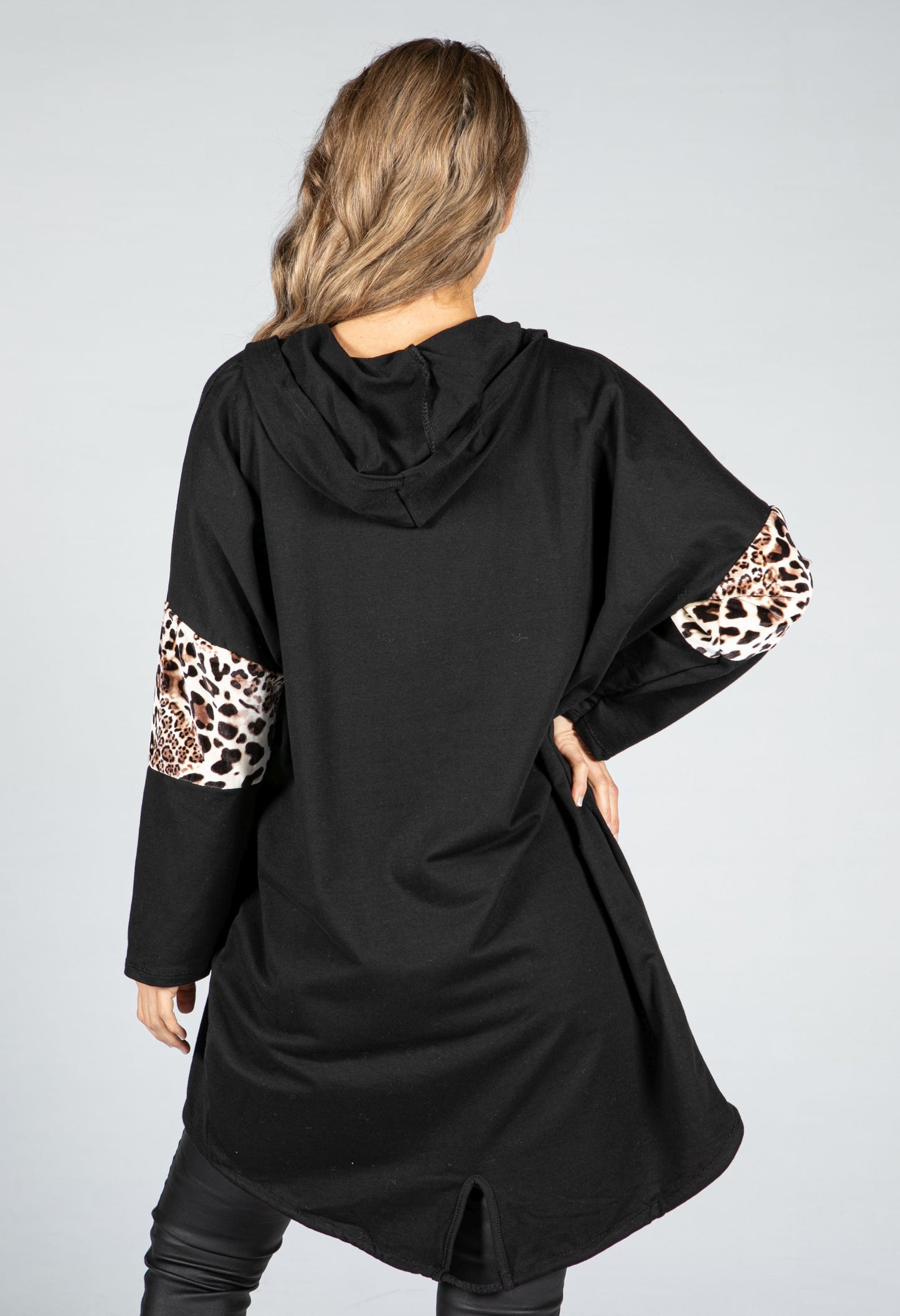 Hooded Animal Print Stripe Open Cardigan in Black