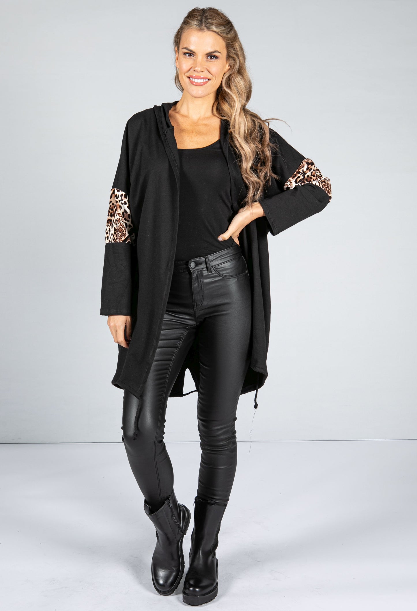 Hooded Animal Print Stripe Open Cardigan in Black