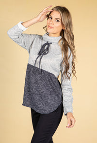 Stand-Up Collar Block Knit Jumper in Navy