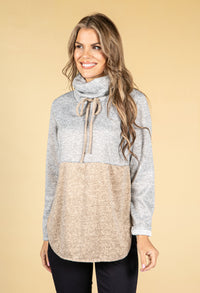 Stand-Up Collar Block Knit Jumper in Latte