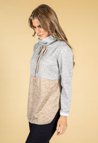 Stand-Up Collar Block Knit Jumper in Latte