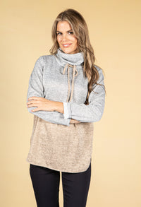 Stand-Up Collar Block Knit Jumper in Latte