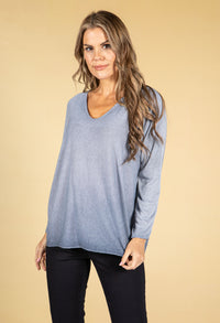 V-NECK LONG SLEEVE KNIT TOP IN NAVY