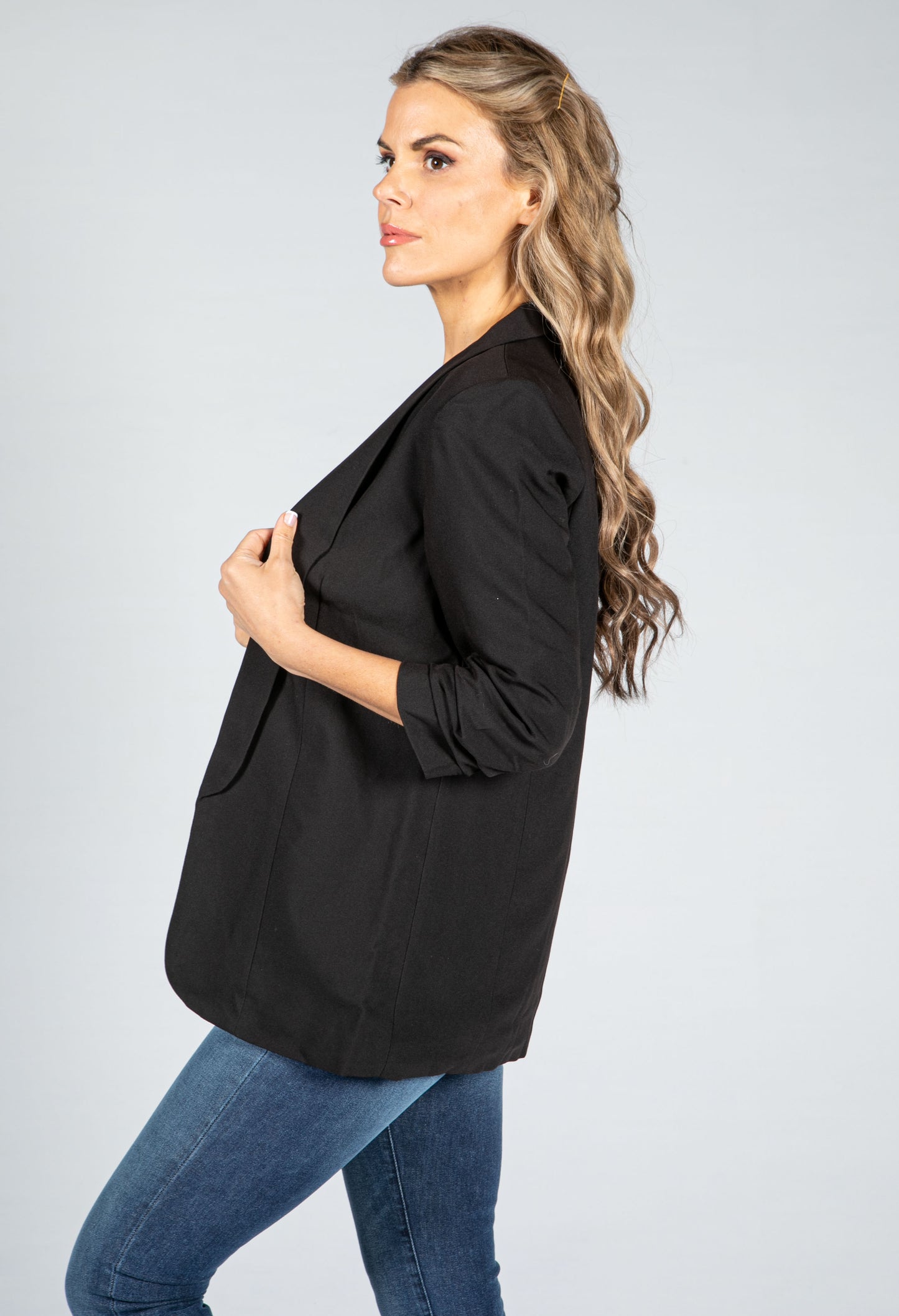 Rushed 3/4 Length Sleeve Blazer in Black