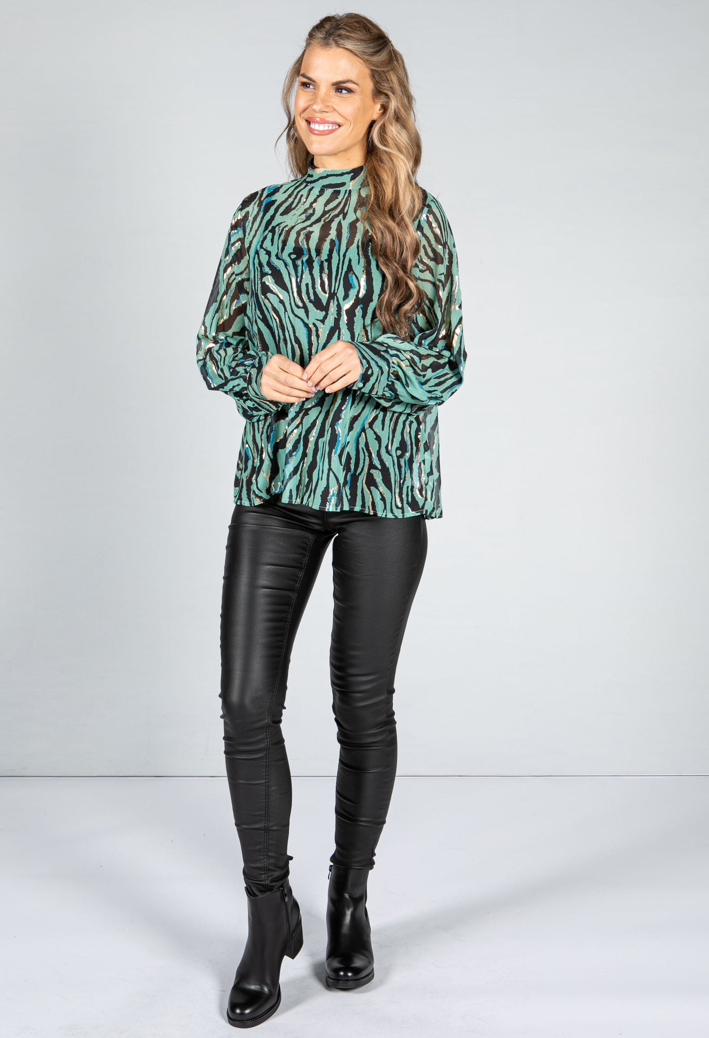 Golden Tiger Stripe Blouse in Sage